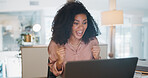 Celebration, happy and business woman in the office reading good news for job promotion on her laptop. Winner, happiness and professional female employee celebrate success in the workplace in Mexico.