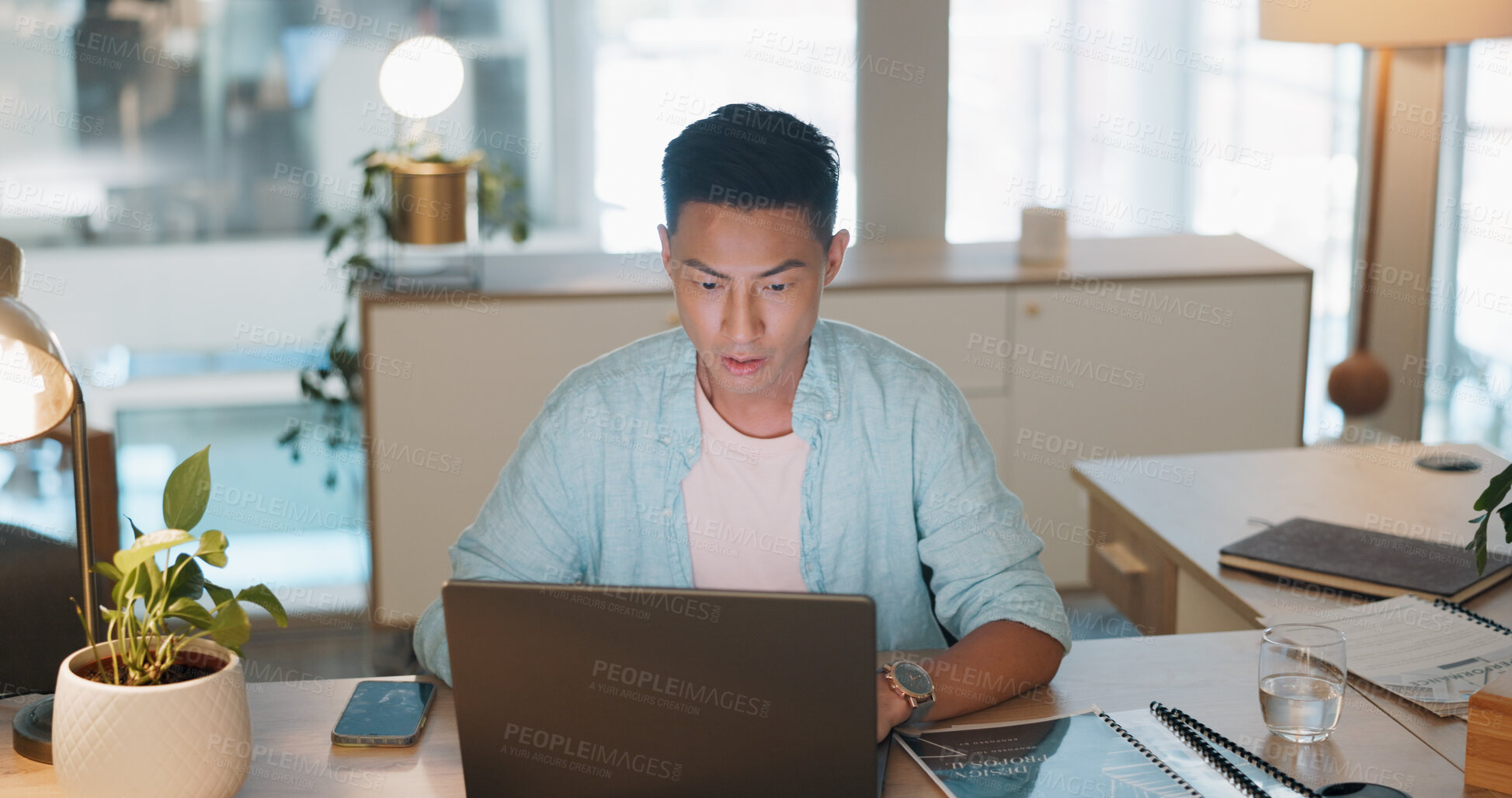 Buy stock photo Thinking, business or Asian man with computer, solution or problem solving with data analysis, broker or employee. Japanese person, consultant or worker with laptop, decision or choice in a workplace