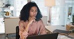Thinking, data analysis or business woman with computer for company growth, social network or marketing SEO target review. Innovation, startup or manager with tech for social media analytics target