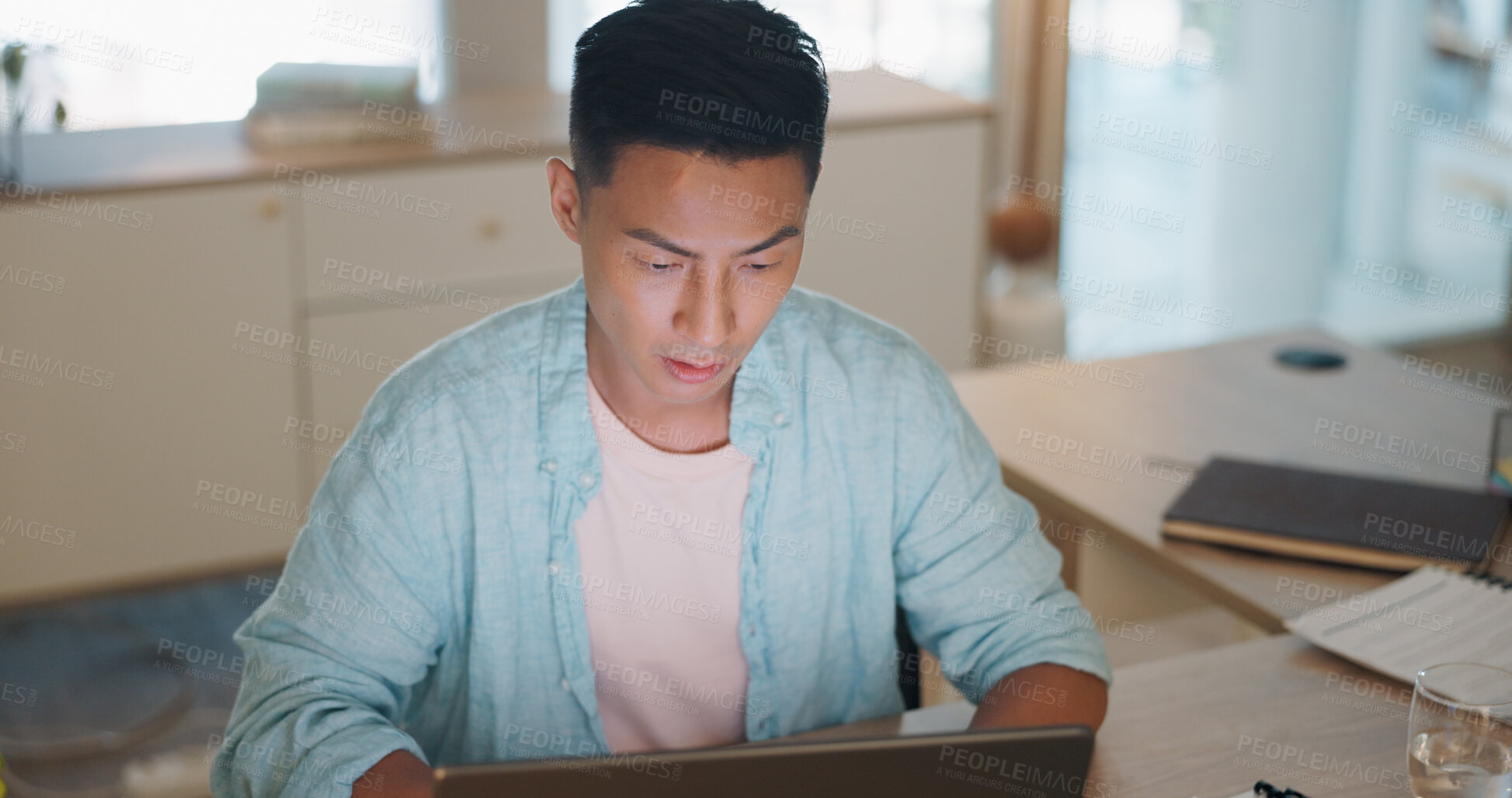 Buy stock photo Thinking, employee and Asian man with laptop, problem solving with decision, creative and feedback. Japanese person, consultant and journalist with laptop, solution and copywriting in a workplace