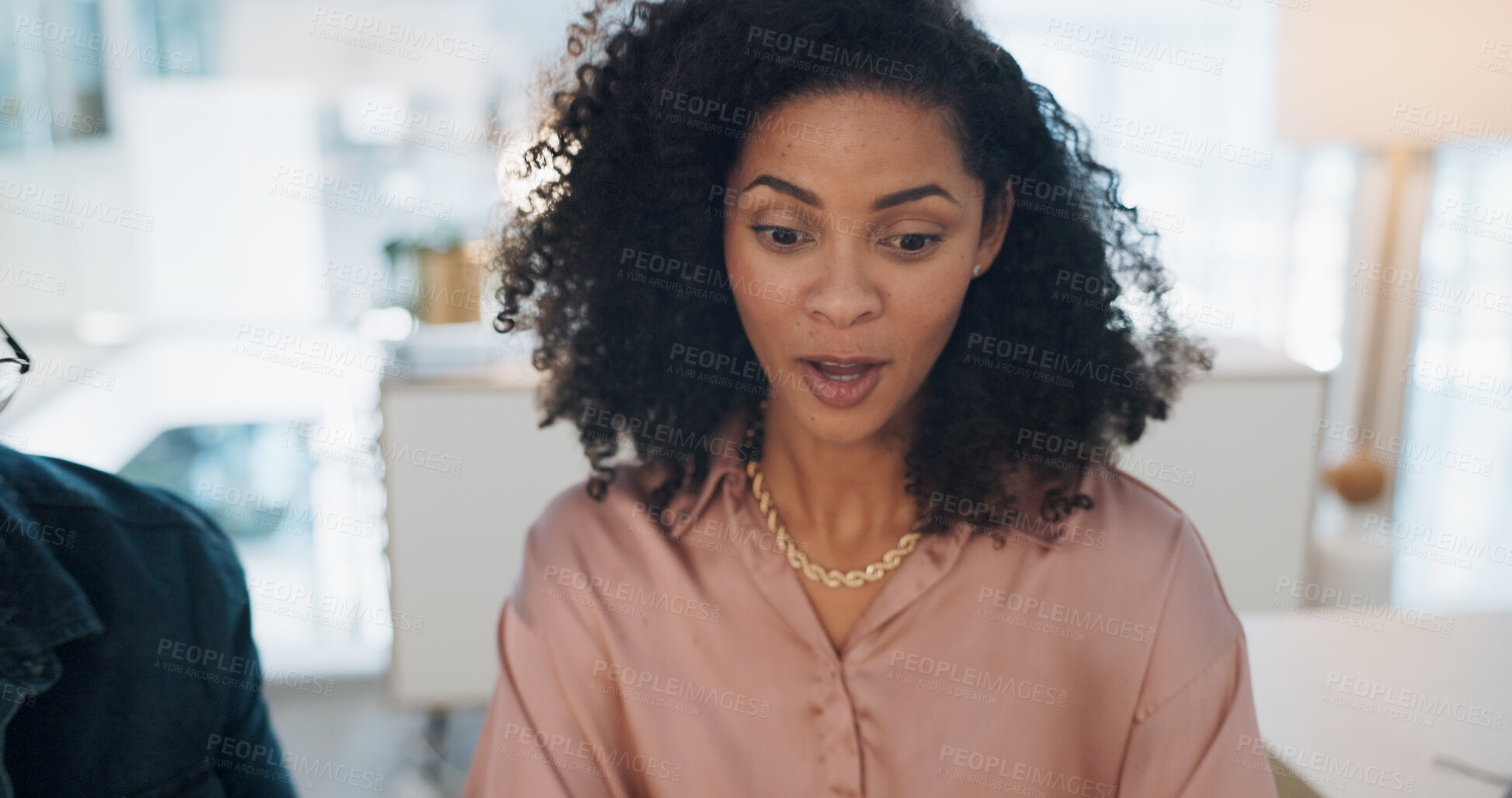 Buy stock photo Wow, happy and a business black woman in her office with a reaction to the good news of a bonus or promotion. Surprise, sale and success with a young employee in an agency workplace as a winner