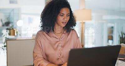 Buy stock photo Thinking, business or woman with a laptop, problem solving or decision with a progress report, data analysis or choice. Person, professional or financial adviser with a computer, planning or solution