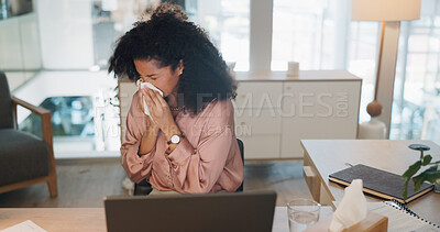 Buy stock photo Business, tissue and black woman with allergy, sneeze and sinus in office with runny nose, cold and laptop. African person, employee and consultant with toilet paper, flu and disease with virus