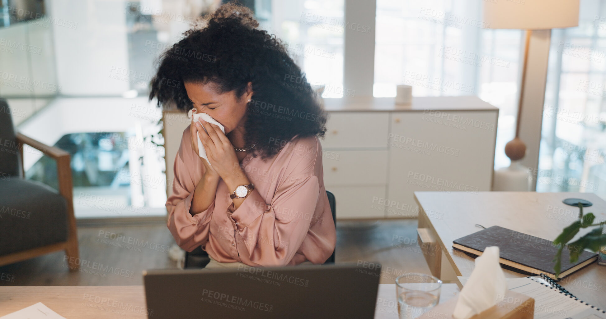 Buy stock photo Business, tissue and black woman with allergy, sneeze and sinus in office with runny nose, cold and laptop. African person, employee and consultant with toilet paper, flu and disease with virus