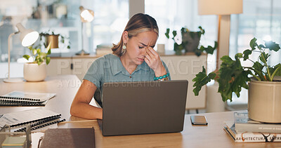 Buy stock photo Business woman, headache and laptop in mistake, stress or burnout and mental health at office. Tired or frustrated female person employee on technology in anxiety, fatigue or depression at workplace