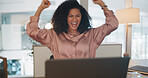 Celebration, happy and business woman in the office reading good news for job promotion on her laptop. Winner, happiness and professional female employee celebrate success in the workplace in Mexico.