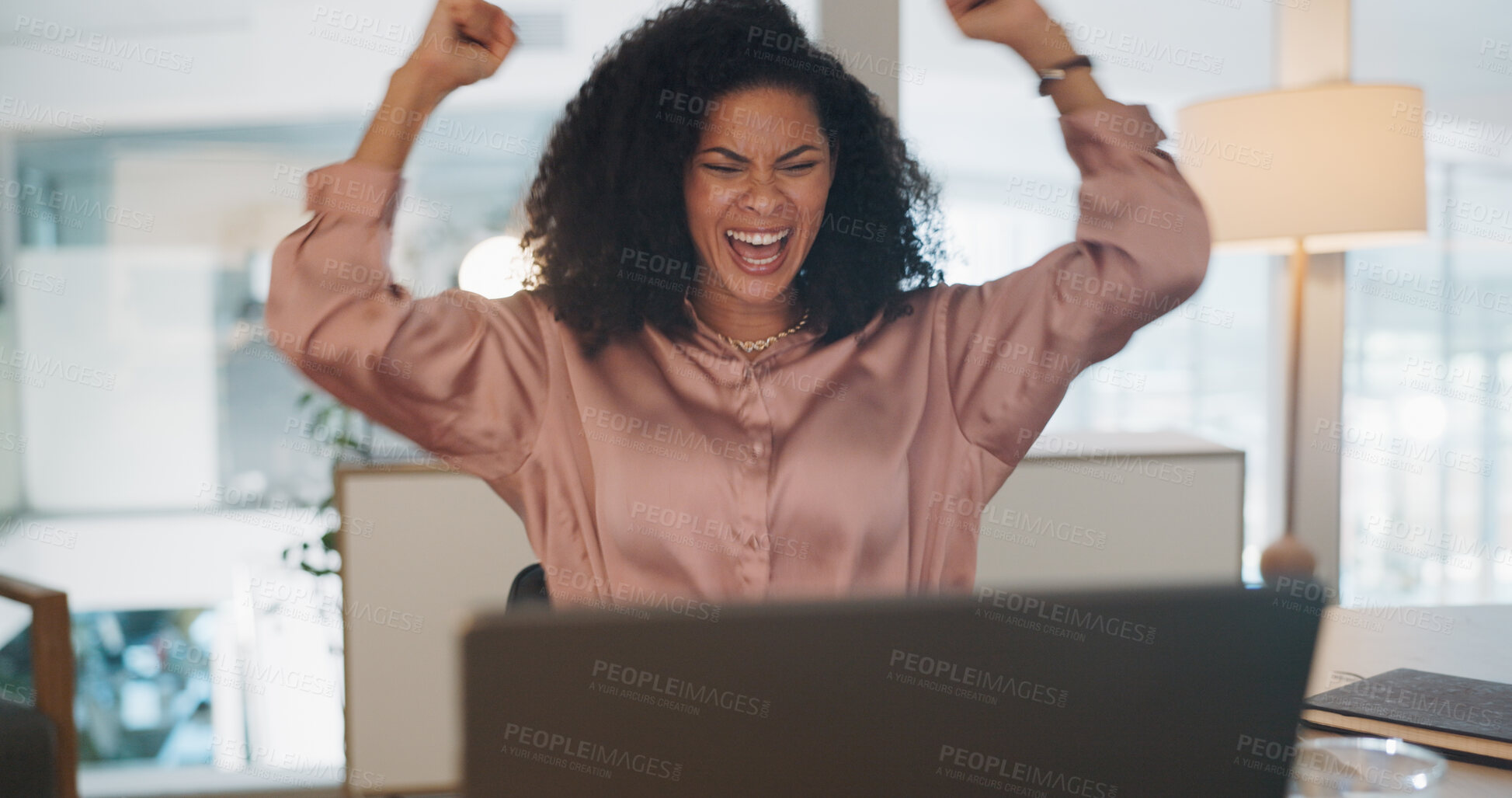 Buy stock photo Happy woman, laptop and celebration in winning, sale discount or business promotion at office. Excited female person or employee with fist pump and technology in good news, victory or lottery prize