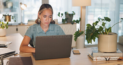 Buy stock photo Thinking, business and woman with a laptop, office and review with a progress report, budget planning and ideas. Person, professional and financial adviser with a computer, data analysis and solution