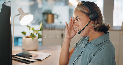 Buy stock photo Frustrated woman, call center and stress in customer service, support or telemarketing at office. Tired female person, consultant or agent in depression, debt or fatigue from burnout at workplace