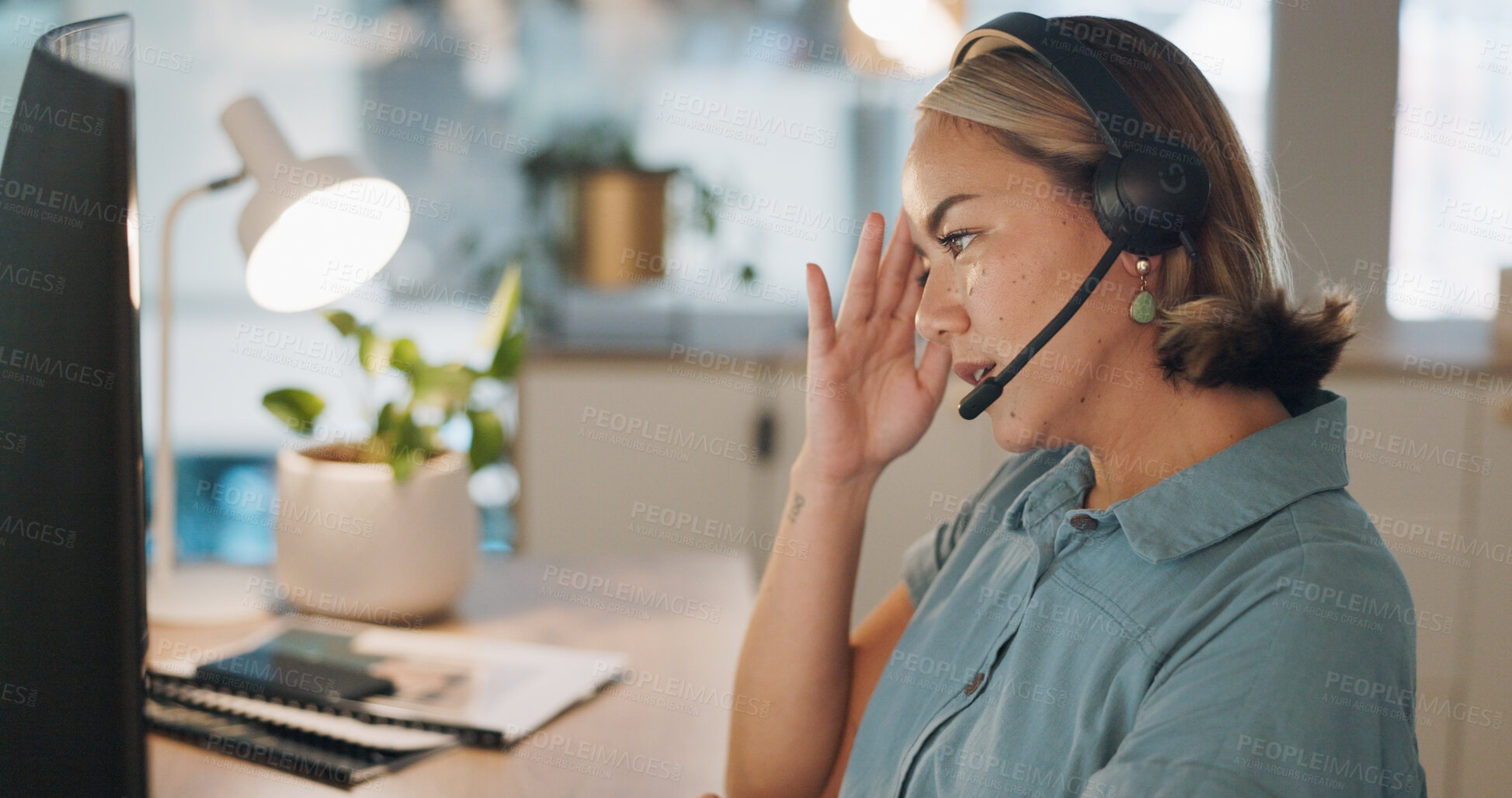 Buy stock photo Frustrated woman, call center and stress in customer service, support or telemarketing at office. Tired female person, consultant or agent in depression, debt or fatigue from burnout at workplace