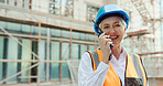 Engineering, construction site and woman in communication on a walkie talkie building a development project outside. Smile, contractor and happy senior manager talking or speaking on safety on radio