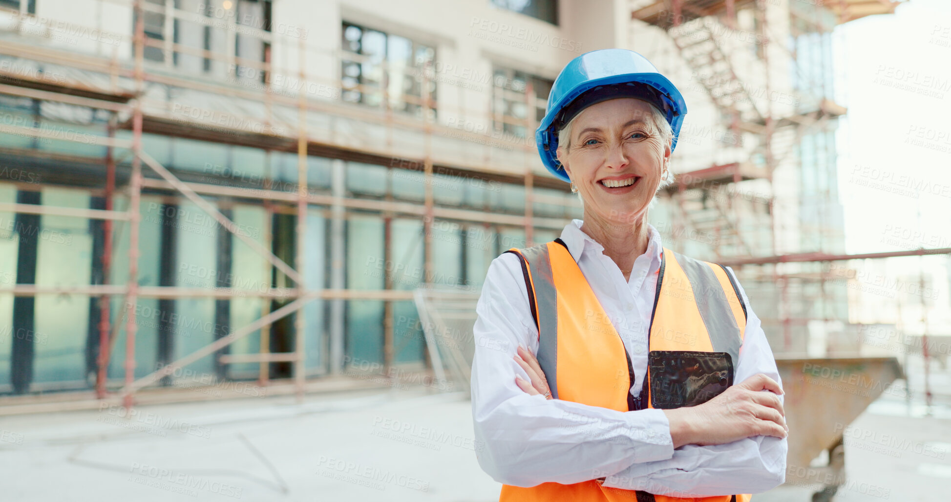 Buy stock photo Senior woman in portrait, construction site and architect, inspection and arms crossed with professional contractor. Property development, renovation and urban infrastructure, architecture and boss