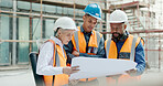 Construction team, blueprint and site building job for architect, builder and contractor together planning safety vision and project development. Diversity men and woman outdoor talk engineering plan