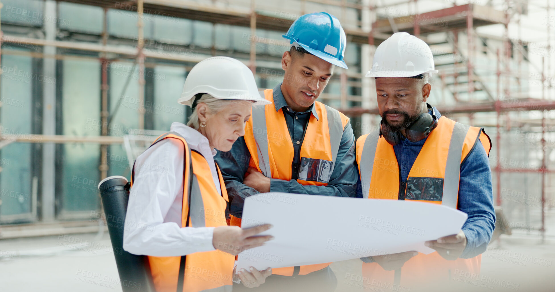 Buy stock photo Team, blueprint and architect at construction site, engineering and infrastructure with contractor people. Floor plan, paperwork and collaboration with renovation and property development outdoor