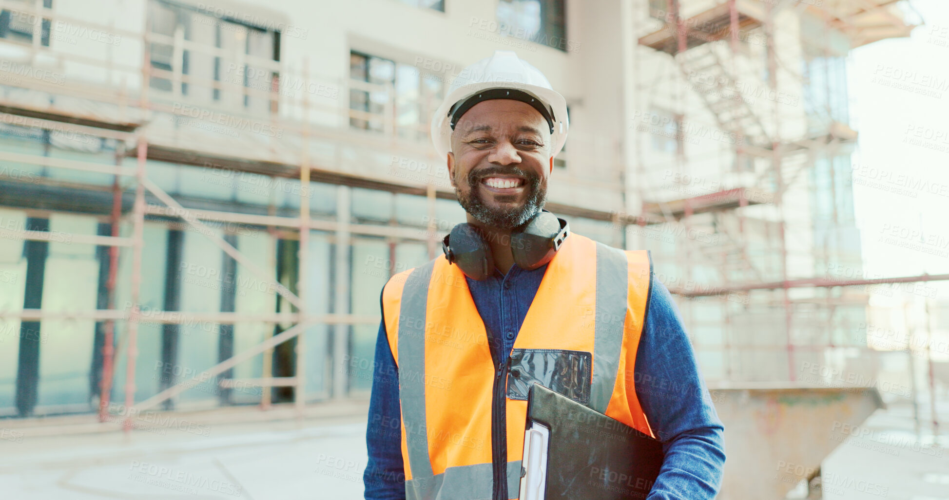 Buy stock photo Black man, construction site and architect, inspection and smile in portrait with professional contractor and clipboard. Property development, renovation and  infrastructure, architecture and boss