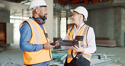 Buy stock photo Inspection, checklist and man with woman in construction discussion on site with scaffolding and building renovation survey. Contractor, inspector and list of industrial maintenance safety rules 