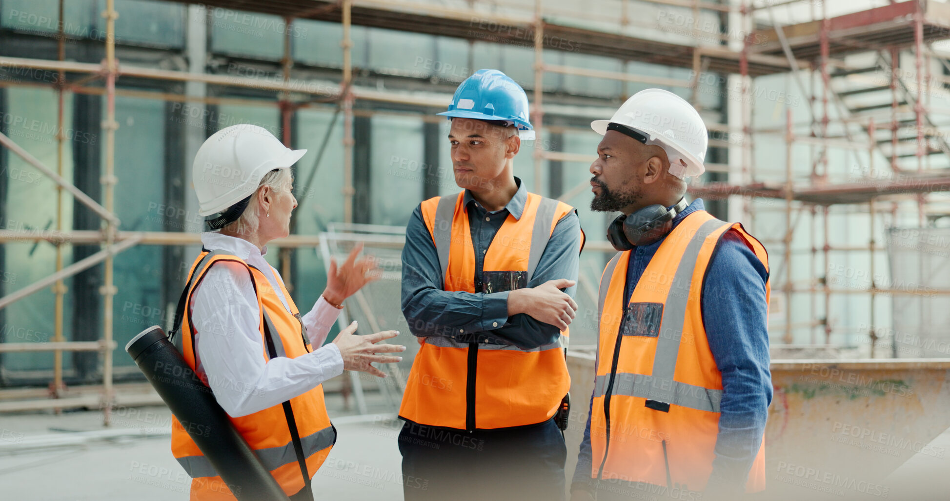 Buy stock photo Construction site, team conversation and architect collaboration on plan, property development or civil engineering. Strategy, builder and group listening, attention or teamwork on architecture ideas