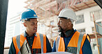 Construction, builder and talking for blueprint, planning and architecture of building, property or development. Construction worker, paper and teamwork for black man, manager and conversation at job