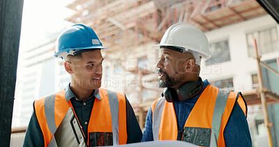 Buy stock photo Men talking, planning and construction worker collaboration on infrastructure, property development or civil engineering design. Blueprint, architecture or partner conversation on real estate project