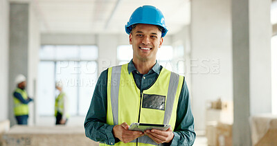 Buy stock photo Portrait, architect and man with a tablet, engineering or construction worker with planning, inspection or safety. Face, person or builder with tech, internet or research with real estate or property