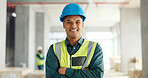 Construction, building and construction worker, man and smile in portrait, employee at construction site with work vest and safety helmet. Working, architecture industry and renovation job.