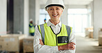 Senior woman, architect and smile with arms crossed in success for industrial architecture or construction site. Portrait of confident elderly female engineer or building contractor smiling at work