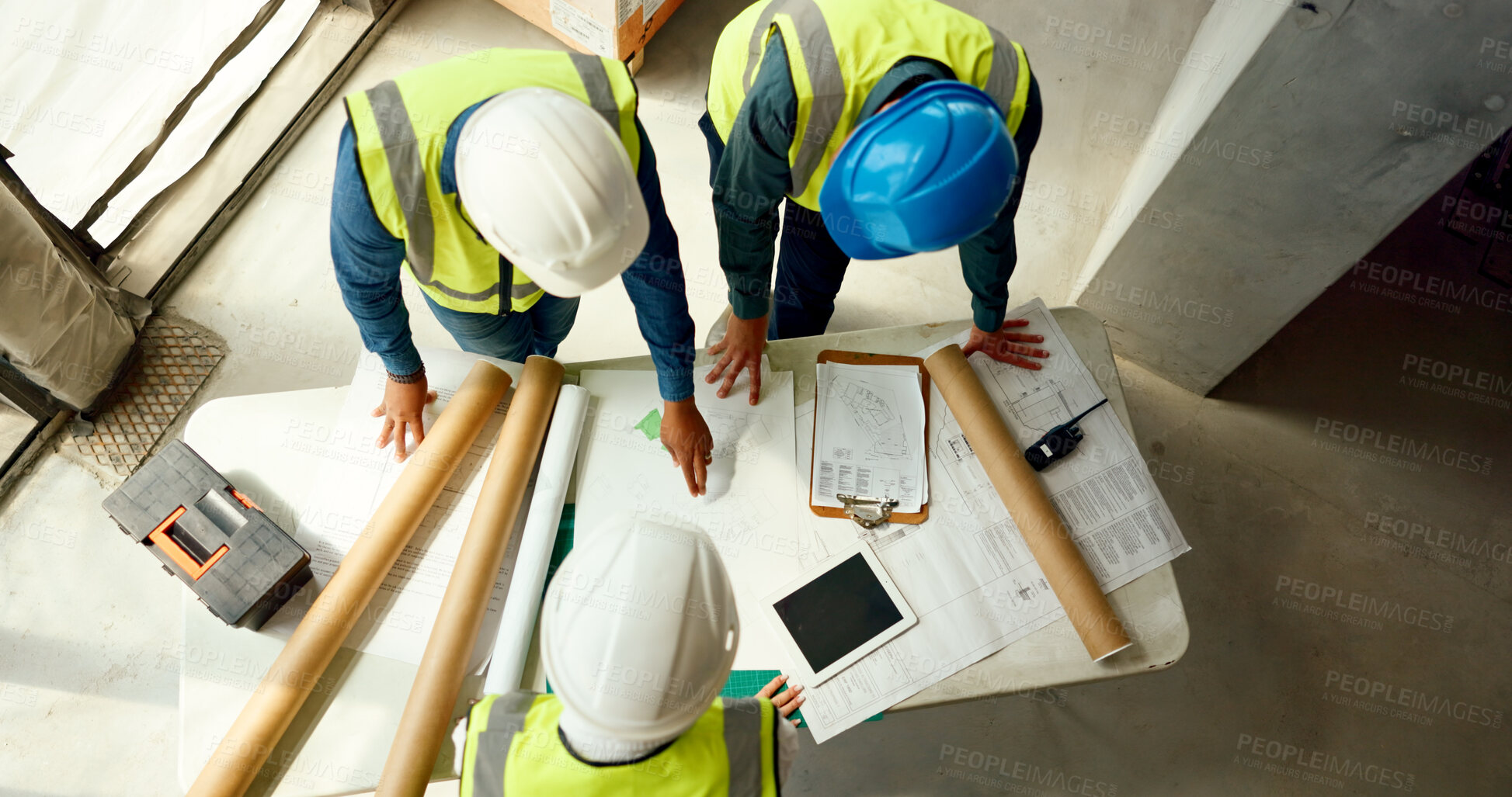 Buy stock photo Team, blueprint and architect at construction site, engineer and infrastructure with contractor people top view. Floor plan, paperwork and collaboration with renovation and property development 