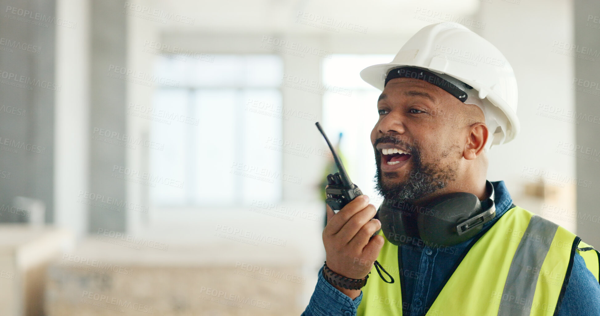 Buy stock photo Building, walkie talkie and a black man construction worker on a site for project management or development. Communication, safety and an engineer talking on a radio for industrial architecture