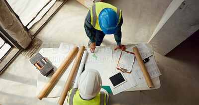 Buy stock photo Teamwork, blueprint and architect at construction site, engineer and infrastructure with contractor people top view. Floor plan, paperwork and collaboration with renovation and property development 