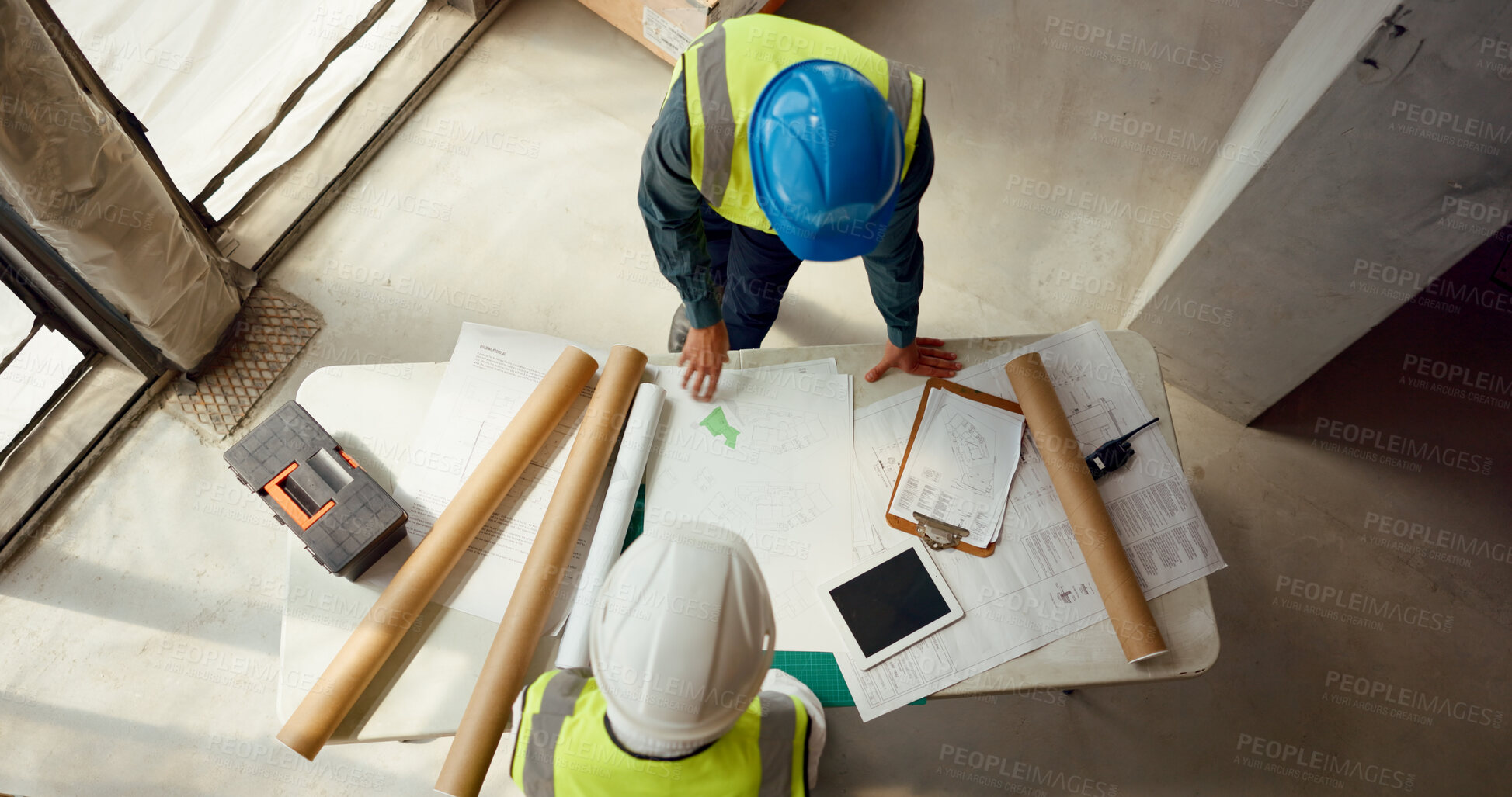 Buy stock photo Teamwork, blueprint and architect at construction site, engineer and infrastructure with contractor people top view. Floor plan, paperwork and collaboration with renovation and property development 