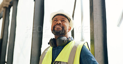 Buy stock photo Construction worker, black man and architect ideas, thinking and planning property development, renovation or engineering. Innovation, African builder and engineer problem solving architecture design