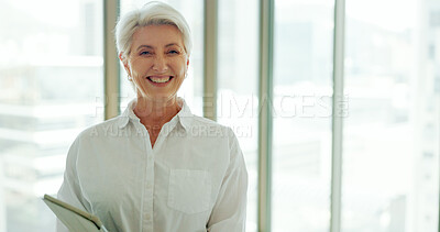 Buy stock photo Happy, confidence and portrait of woman ceo by a window in the office with management or leadership. Smile, success and senior female executive manager with pride from Australia in a modern workplace