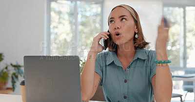 Buy stock photo Stress, phone call and business woman in office angry for crm conflict, anxiety or fight while working on laptop. Smartphone, fail and lady manager frustrated by phishing, 404 or spam scammer crisis