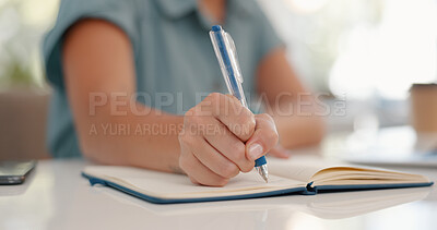 Buy stock photo Hand, writing and notebook for business woman at desk with notes, planning schedule and brainstorming ideas. Receptionist, book and pen for admin report, goals and proposal with closeup in office