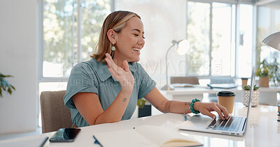 Buy stock photo Happy woman, laptop and wave in video call, meeting or webinar for interview or communication at office. Female person or employee smile in hello on computer, online networking or chat at workplace