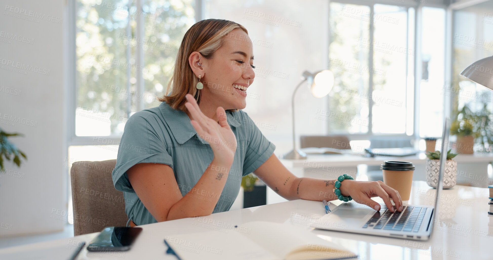 Buy stock photo Happy woman, laptop and wave in video call, meeting or webinar for interview or communication at office. Female person or employee smile in hello on computer, online networking or chat at workplace