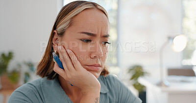 Buy stock photo Confused, thinking and business woman in office with doubt, worry or brainstorming solution. Doubt, anxiety and Asian female designer with wtf, why or frustrated by questions, pressure or workload