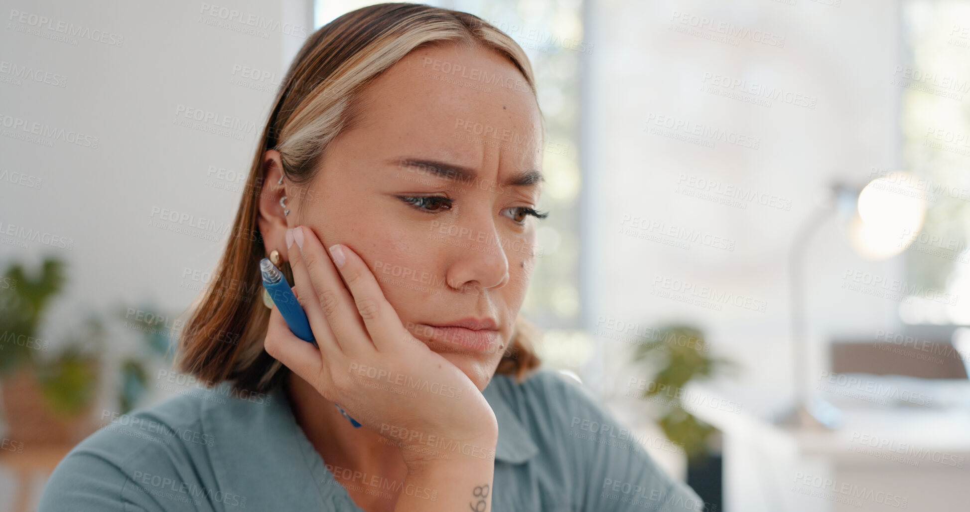 Buy stock photo Confused, thinking and business woman in office with doubt, worry or brainstorming solution. Doubt, anxiety and Asian female designer with wtf, why or frustrated by questions, pressure or workload