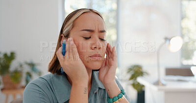 Buy stock photo Stress, headache and business woman in office with tension, pain or vertigo, worry or pressure. Anxiety, face and female manager with temple massage for mental health, crisis and mistake or burnout