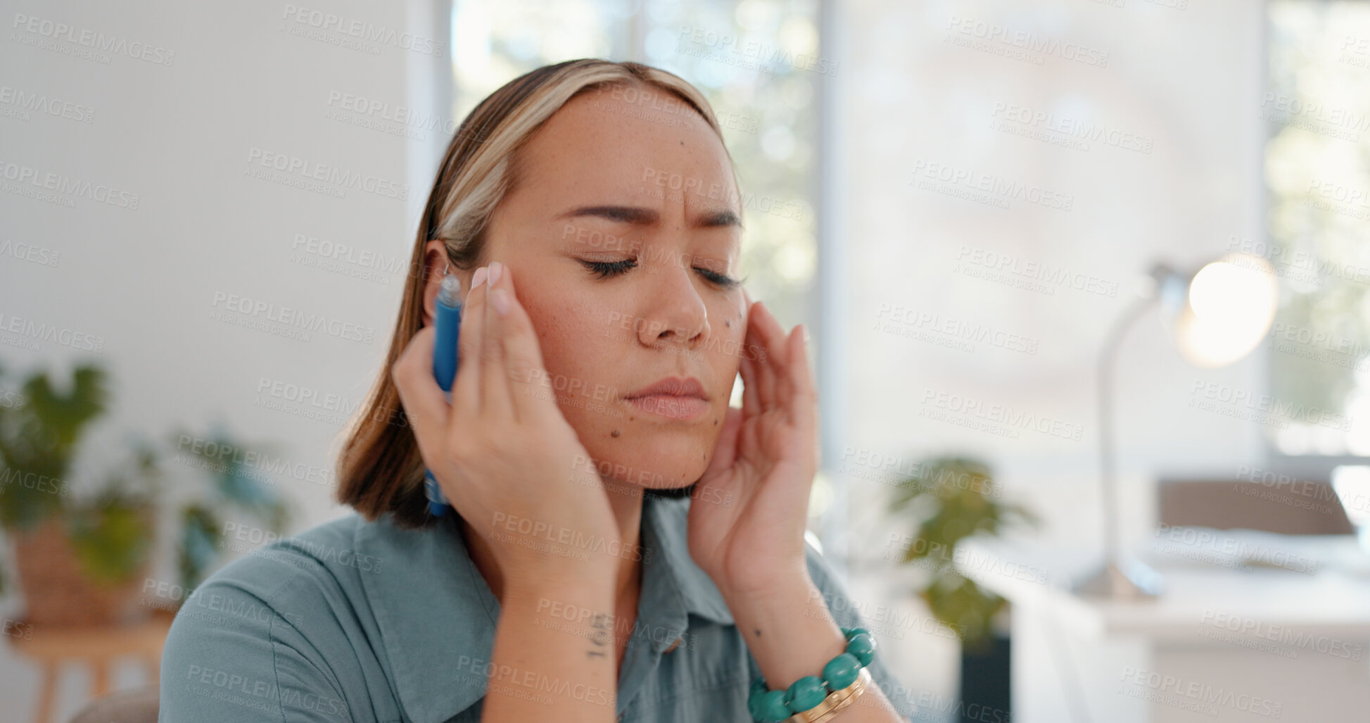 Buy stock photo Stress, headache and business woman in office with tension, pain or vertigo, worry or pressure. Anxiety, face and female manager with temple massage for mental health, crisis and mistake or burnout