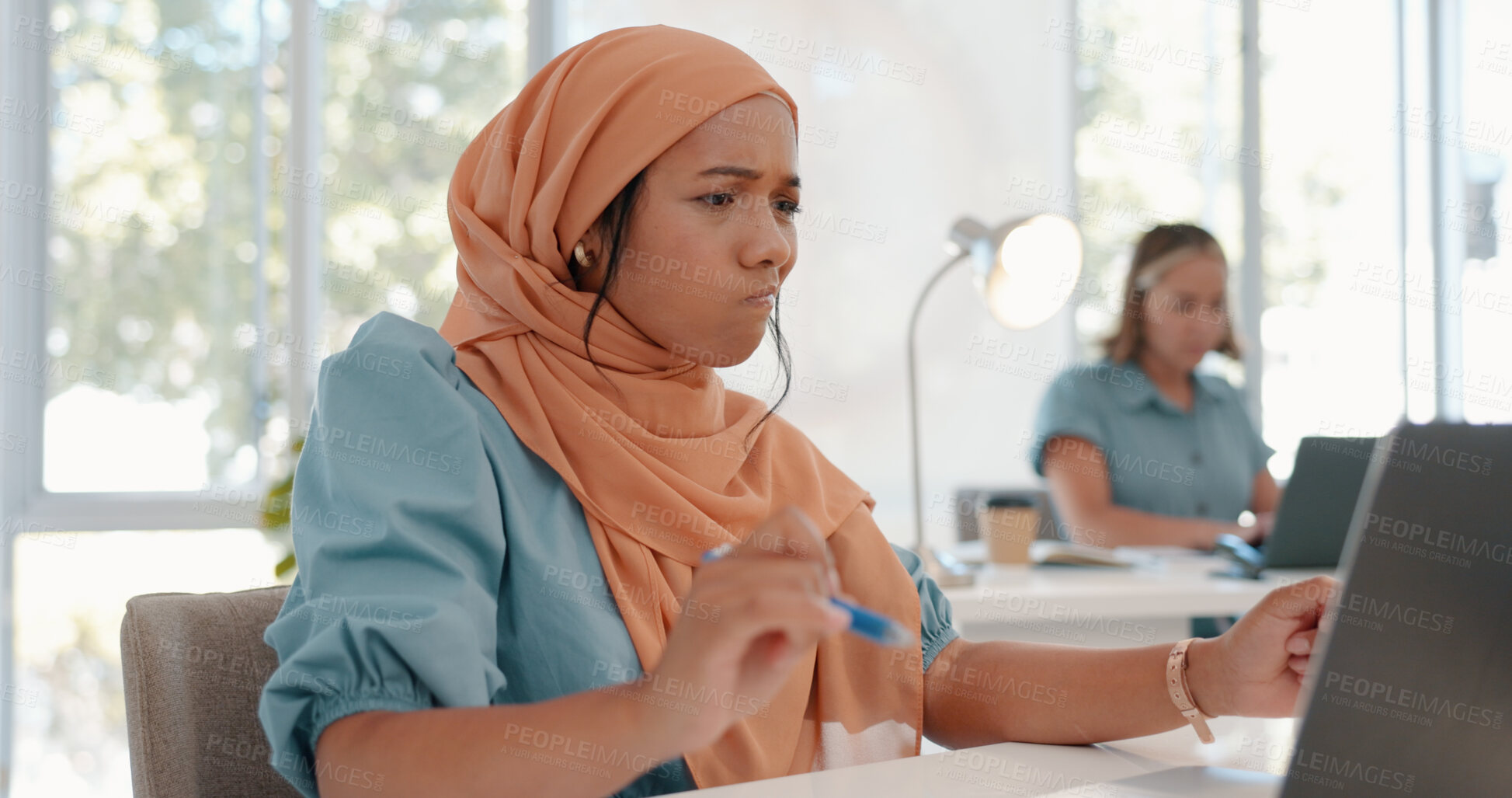 Buy stock photo Business, laptop and confused muslim woman in office with why, questions or planning, doubt or mistake. Wtf, face and islamic female manager with anxiety for online glitch, 404 or spam, error or fail