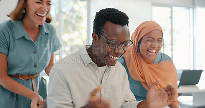 Buy stock photo Laptop, excited and business people, black man or team celebration for income, startup profit or sales revenue notification. Achievement, African winner or group celebrate promotion, goals or target