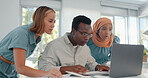 Laptop, good news and team in celebration of success, achievement or teamwork goal in the office. Diversity, celebrate and happy business people celebrating successful collaboration in the workplace.