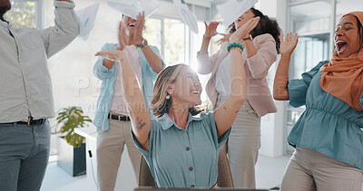 Buy stock photo Celebration, business people and group throw paper for project success, financial investment or revenue. Team building, winner teamwork and celebrate finance deal, target achievement or job well done