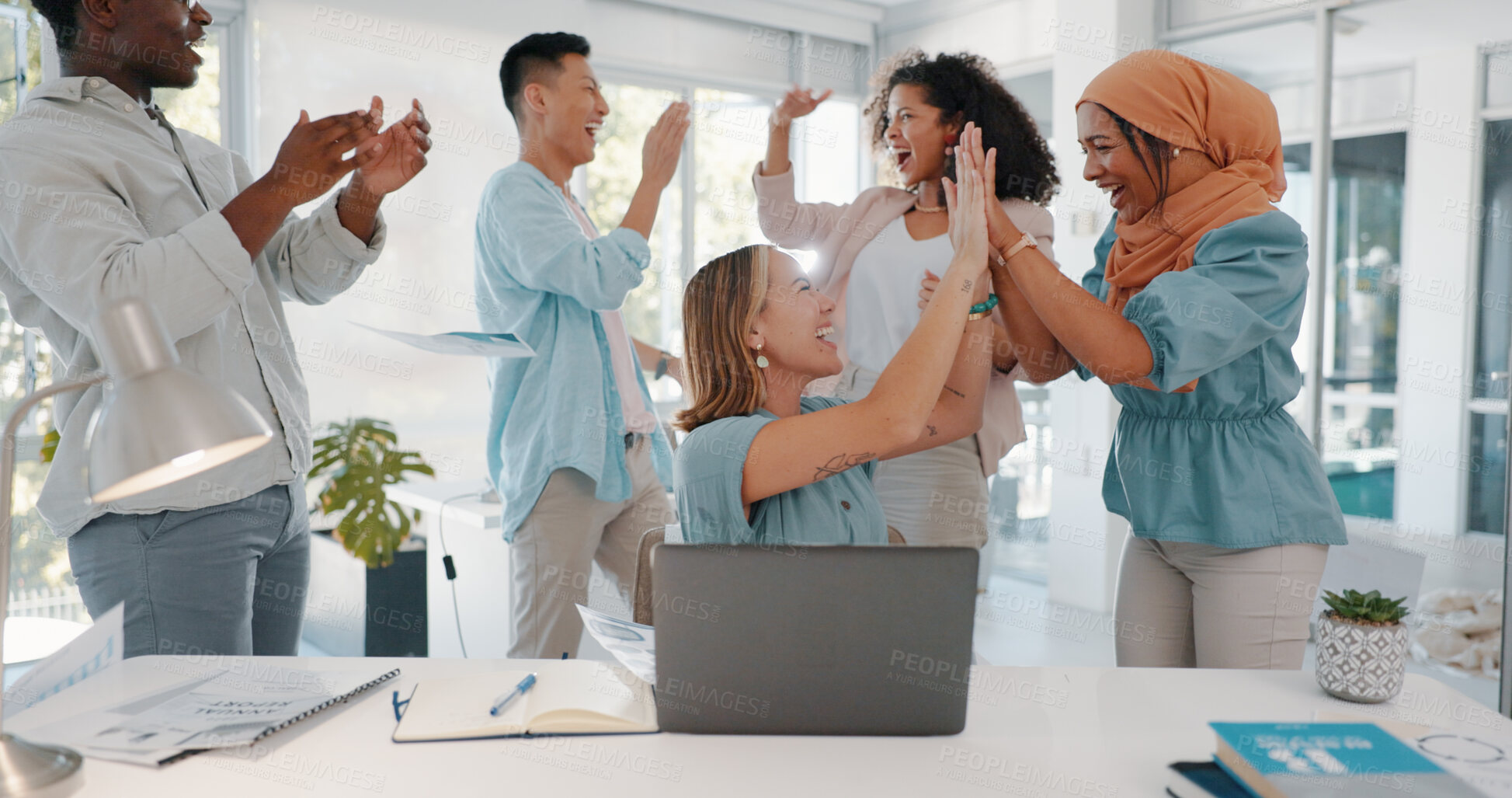 Buy stock photo High five, excited and business people, group celebration or cheers for success, startup statistics or sales revenue. Team building support, winner cooperation and celebrate online deal achievement