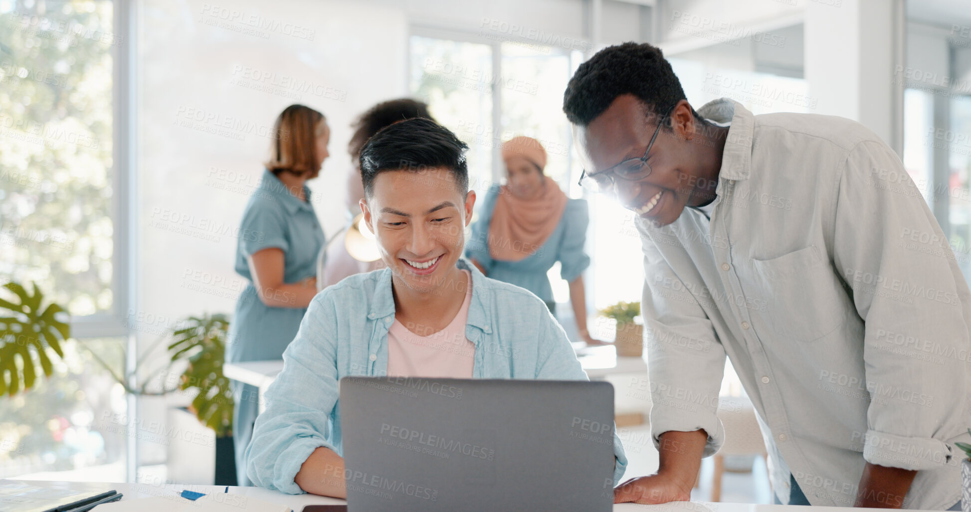 Buy stock photo Office, workers and men on laptop in company with teamwork, collaboration or startup planning. Diversity, business man and coworking for web design project at computer working on a online proposal