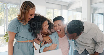 Buy stock photo Celebration, business people and excited group hug for project success, employee promotion or congratulations. Team building, winner teamwork or embrace for achievement goal, job well done or support