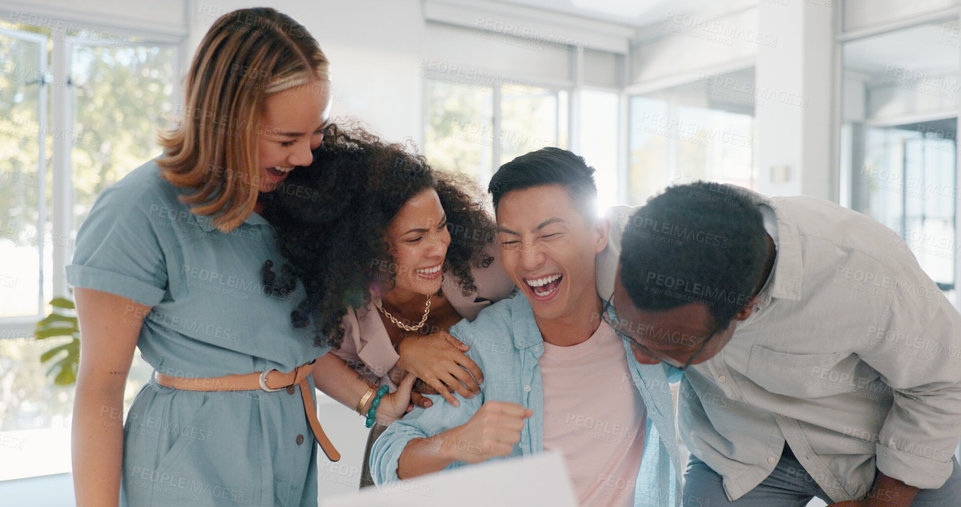 Buy stock photo Celebration, business people and excited group hug for project success, employee promotion or congratulations. Team building, winner teamwork or embrace for achievement goal, job well done or support