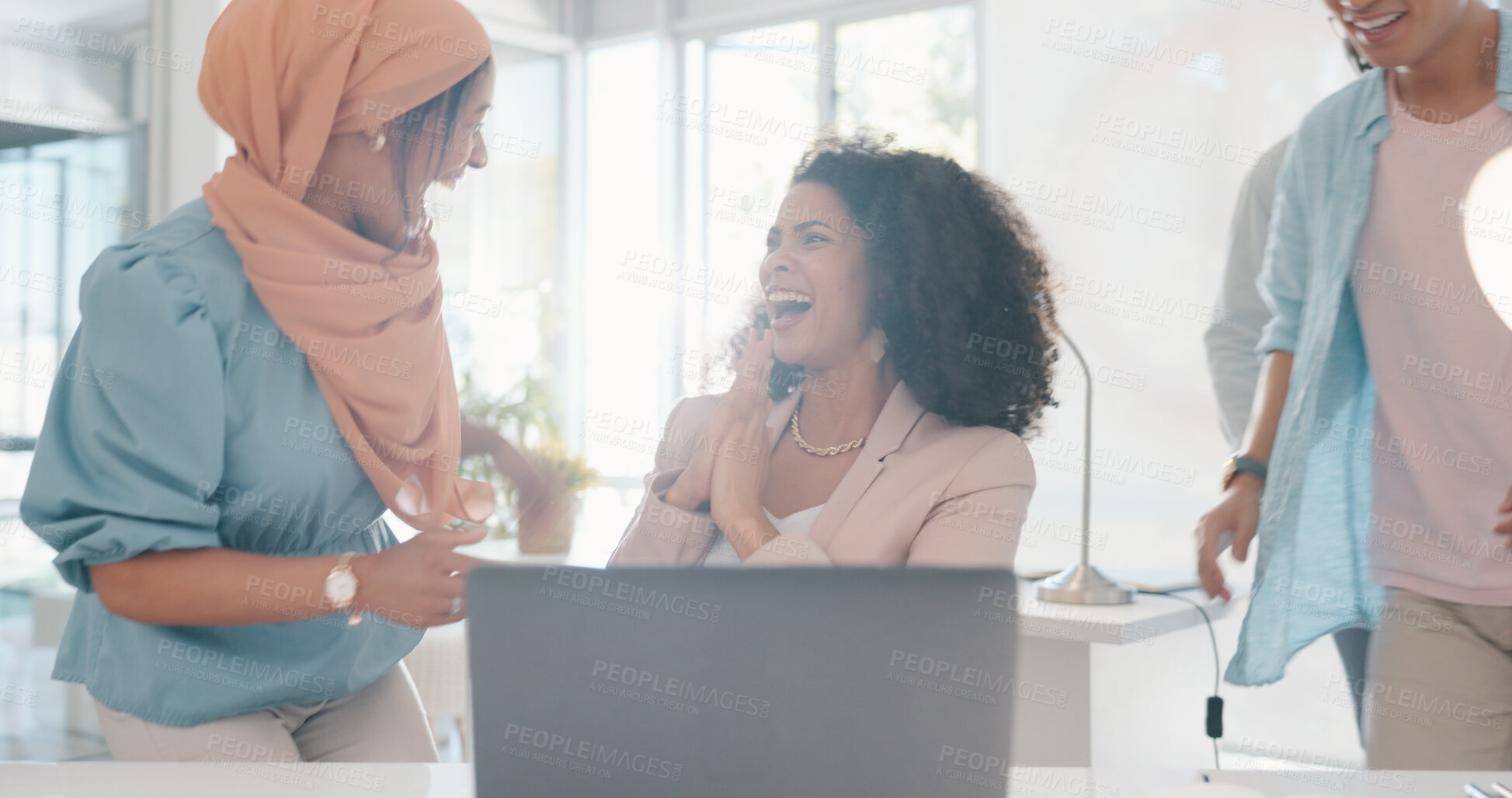 Buy stock photo Office, workers and excited on laptop in company with success, collaboration or startup celebrating. Diversity, business woman and coworking for web design project at computer working on a proposal