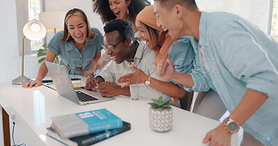 Buy stock photo Office, happy workers and celebration on laptop in company with teamwork, yes or startup success. Diversity, business people and motivation for web design project growth at computer with good news